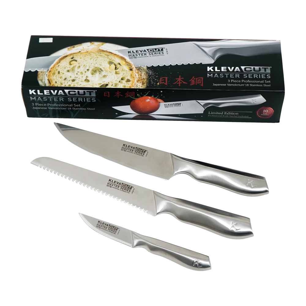 Kleva Cut 3 pc Knife Set with Travel Pouch – BONUS 20CM SANTOKU KNIFE